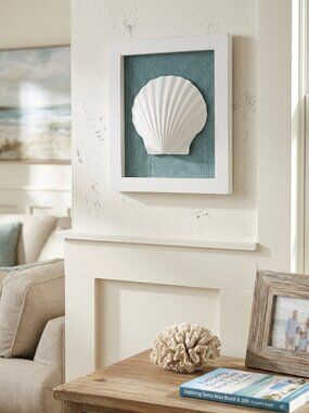 3D White Scallop Shell Shadowbox Wall Art Blue Burlap & Wood Frame Coastal Decor